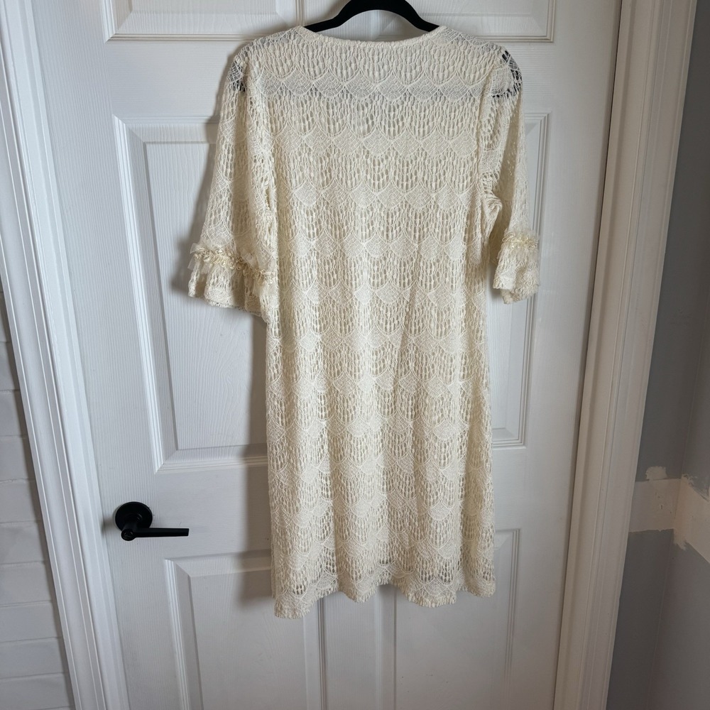 Back In The Saddle Ruffled Sleeve Scalloped Crochet Dress Boho Sz L Festival - Picture 2 of 8